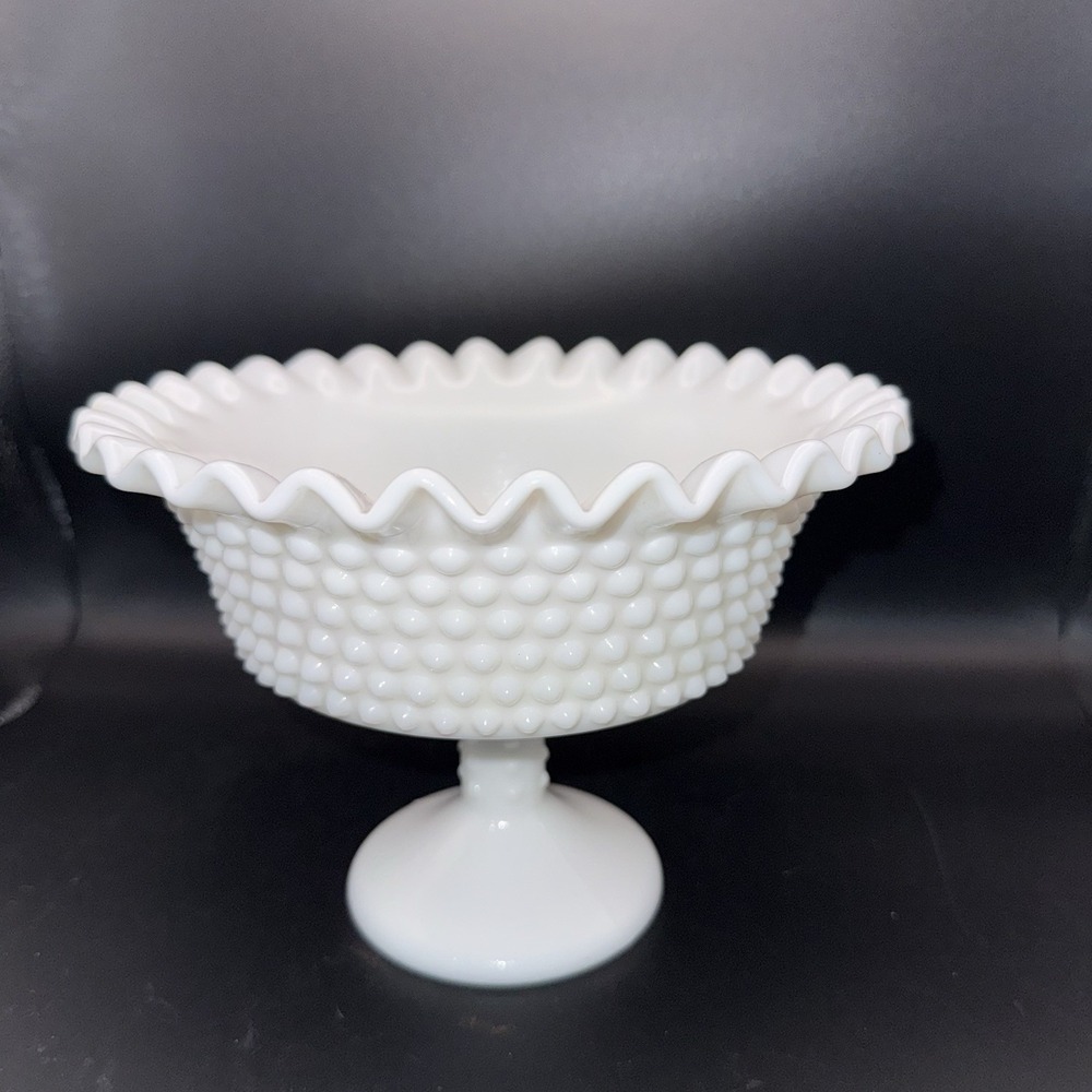 Vintage Fenton‎ Glass Pedestal Bowl Footed Hobnail Dish Milk Glass Mid Century